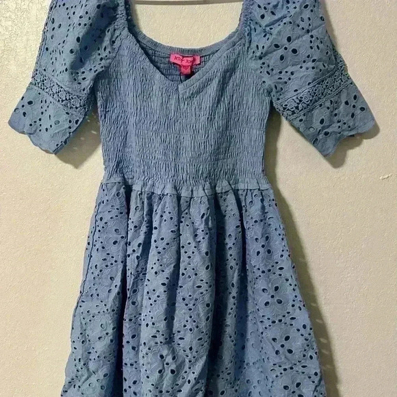 99. Betsey Johnson All Eyes on Eyelet Mini Dress Blue - Picture 4 of 9